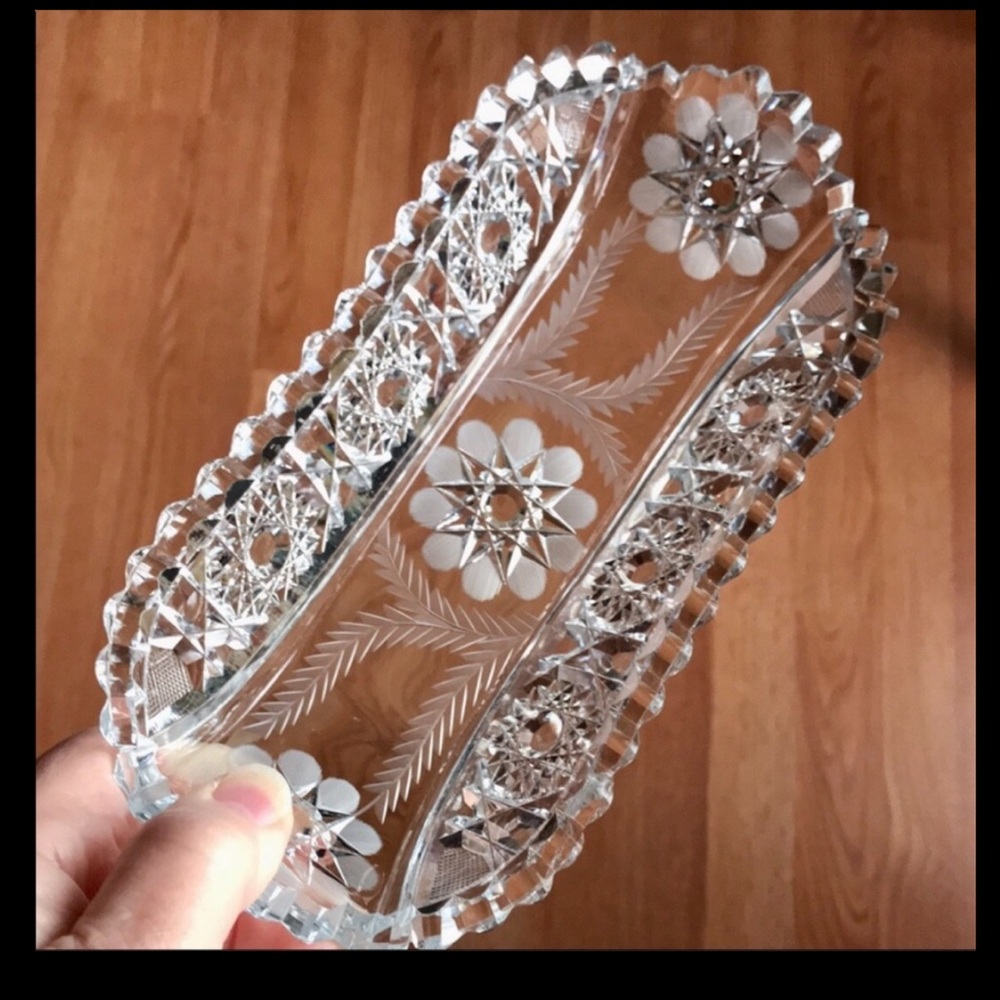 American Brilliant MCM Crystal Glass Cut relish/serving Dish/Tray, set of 2